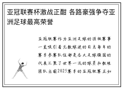 亚冠联赛杯激战正酣 各路豪强争夺亚洲足球最高荣誉