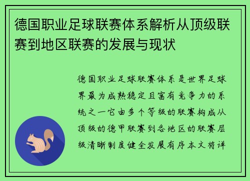 德国职业足球联赛体系解析从顶级联赛到地区联赛的发展与现状